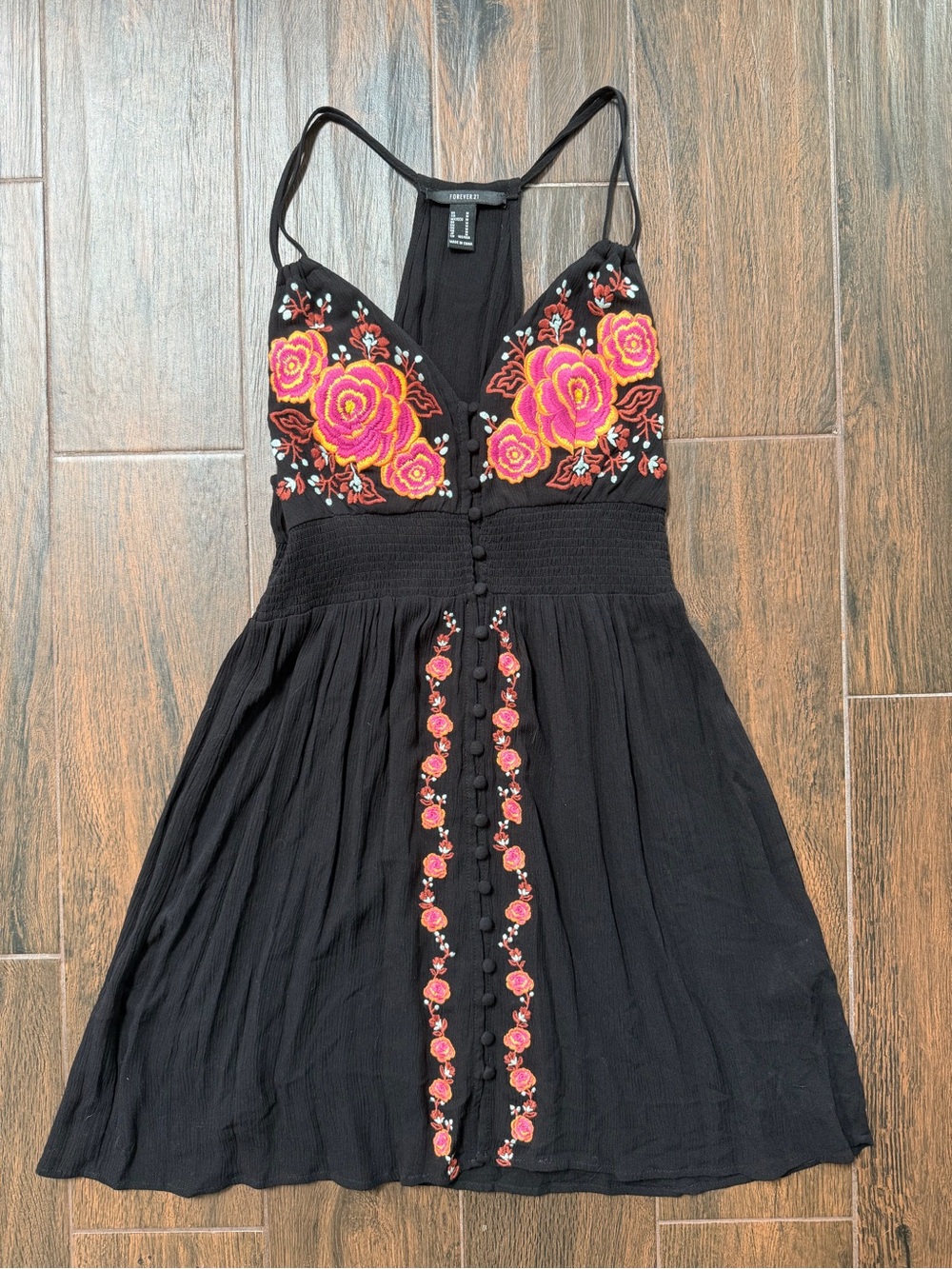 Black Spaghetti-Strap Dress Pink & Orange Floral Embroidery M boho short mini